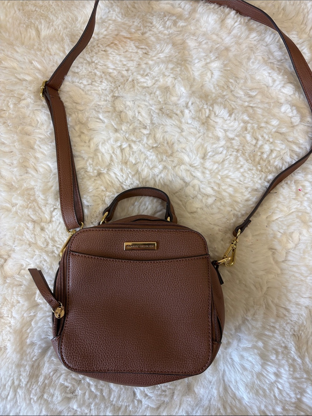 Tommy Hilfiger Brown Pebbled Leather Crossbody Bag with Top Handle